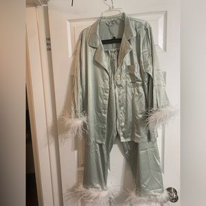 Sage green satin pajama set with feather details